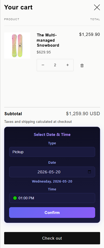 Date and time picker displayed inline in a Shopify cart
