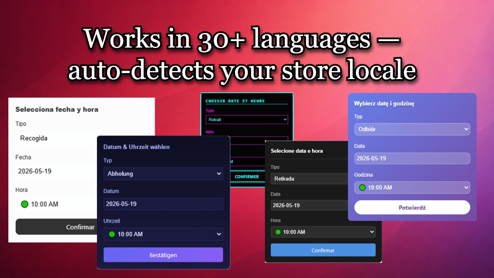Larkis Date Time Picker shown in Spanish, German, French, Portuguese, and Polish